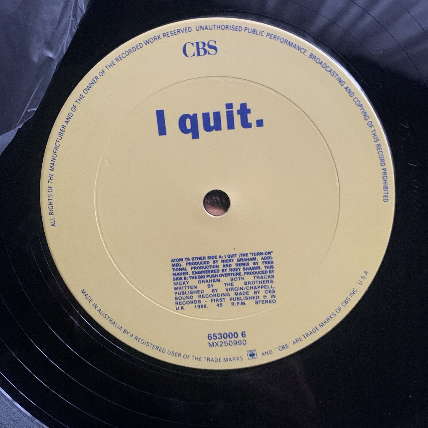 Vinyl LP  12" Single BROS I Quit Rare Signed 1988 Australia Release 45RPM Record