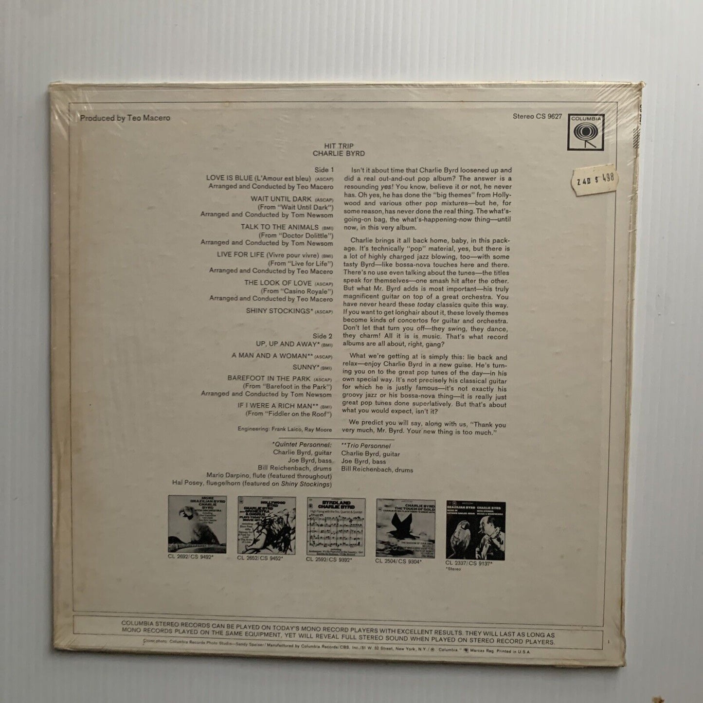 Vinyl LP CHARLIE BYRD "HIT TRIP" USA Import Near Mint Record Aged Cover 1968