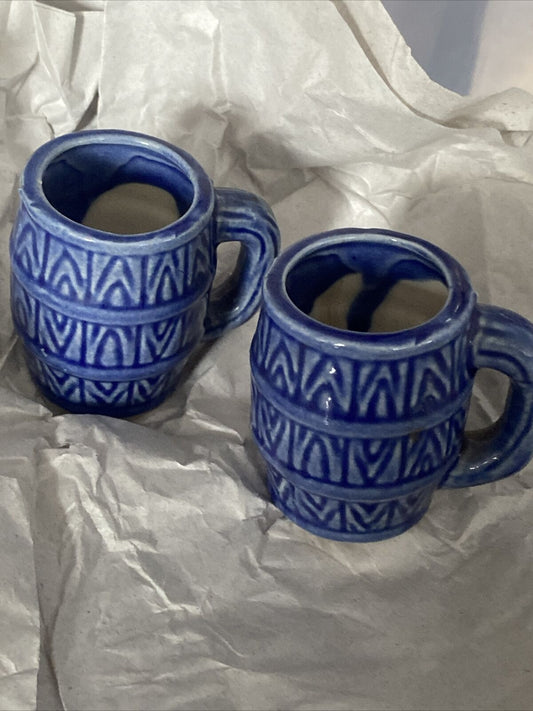 Vintage 2x BLUE JAPANESE CHINA SET MINI MUG TOOTHPICK HOLDERS Barrel Shot Glass