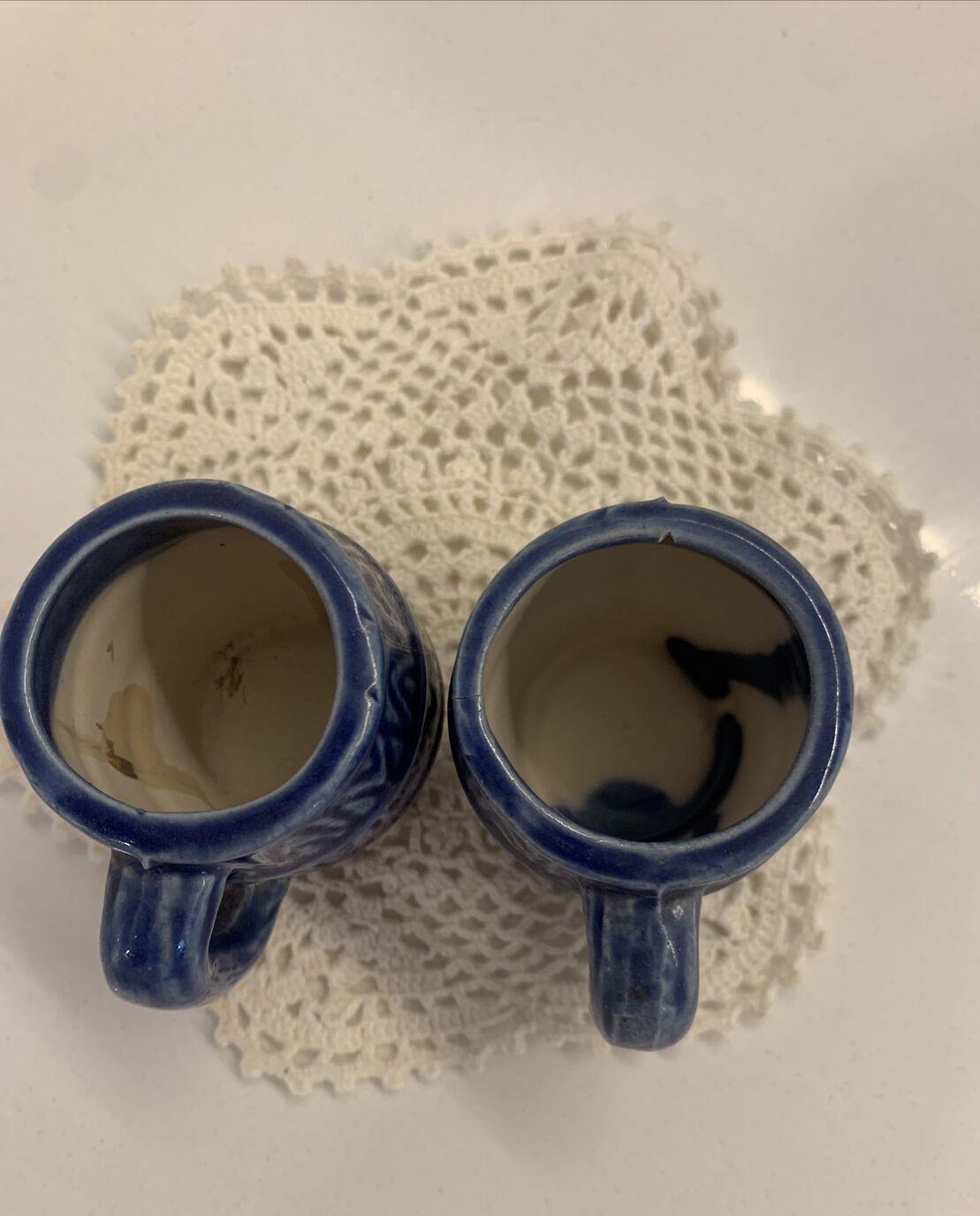 Vintage 2x BLUE JAPANESE CHINA SET MINI MUG TOOTHPICK HOLDERS Barrel Shot Glass
