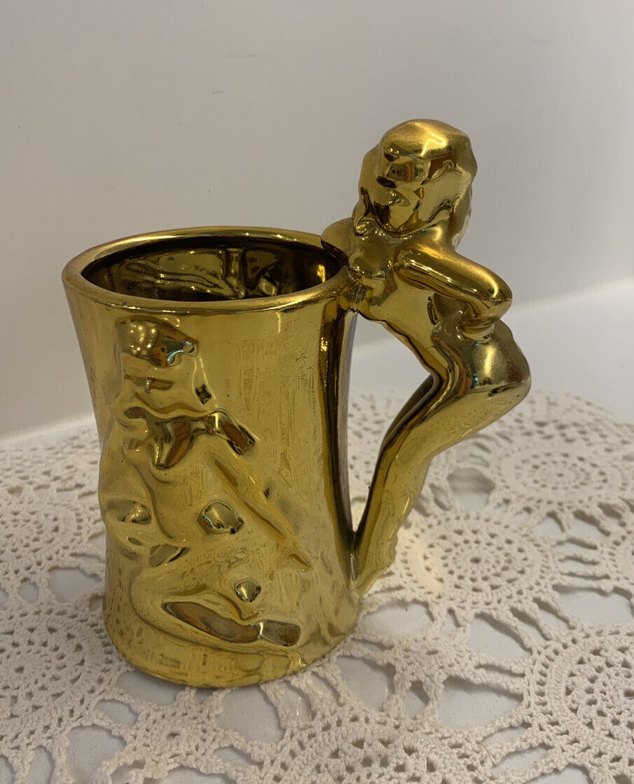 Gold Beer Mug Vintage Risqué  Ceramic Bombshell Lady c 1960s Burlesque Mancave