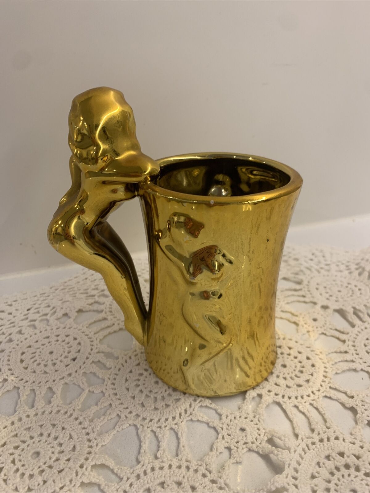 Gold Beer Mug Vintage Risqué  Ceramic Bombshell Lady c 1960s Burlesque Mancave