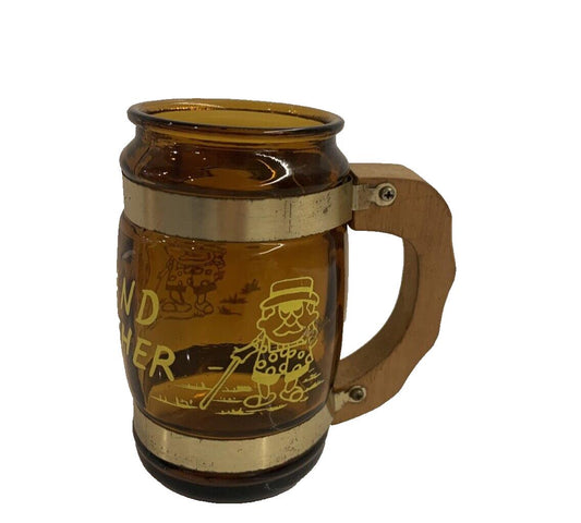 Mug 1 x Vtg  GRAND FATHER AMBER GLASS SOUVENIR STEIN Wood Handle Taiwan 1970’s