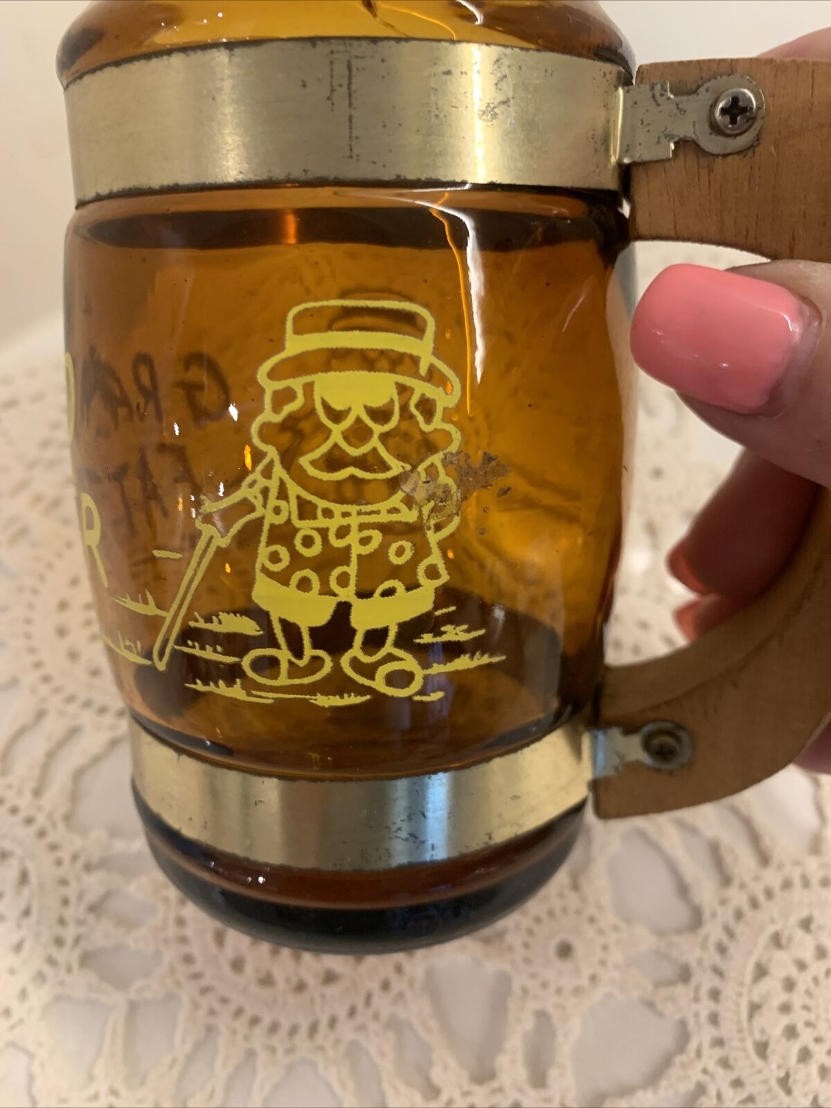 Mug 1 x Vtg  GRAND FATHER AMBER GLASS SOUVENIR STEIN Wood Handle Taiwan 1970’s
