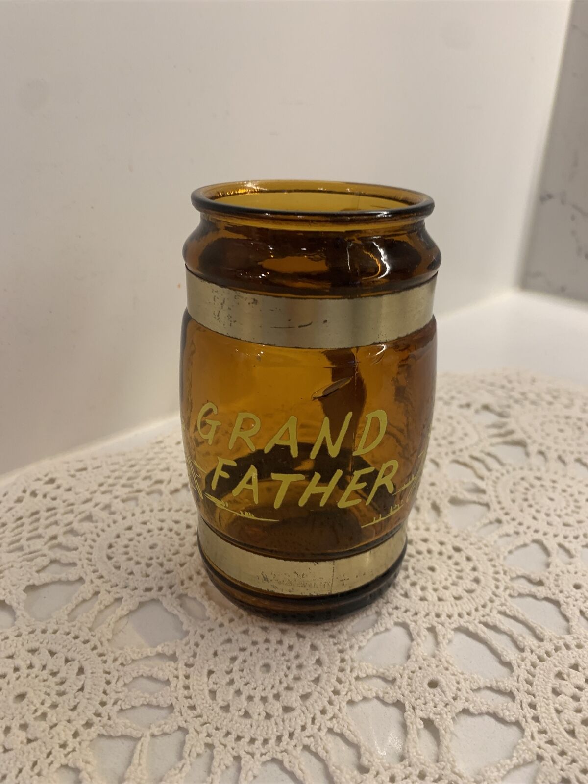 Mug 1 x Vtg  GRAND FATHER AMBER GLASS SOUVENIR STEIN Wood Handle Taiwan 1970’s