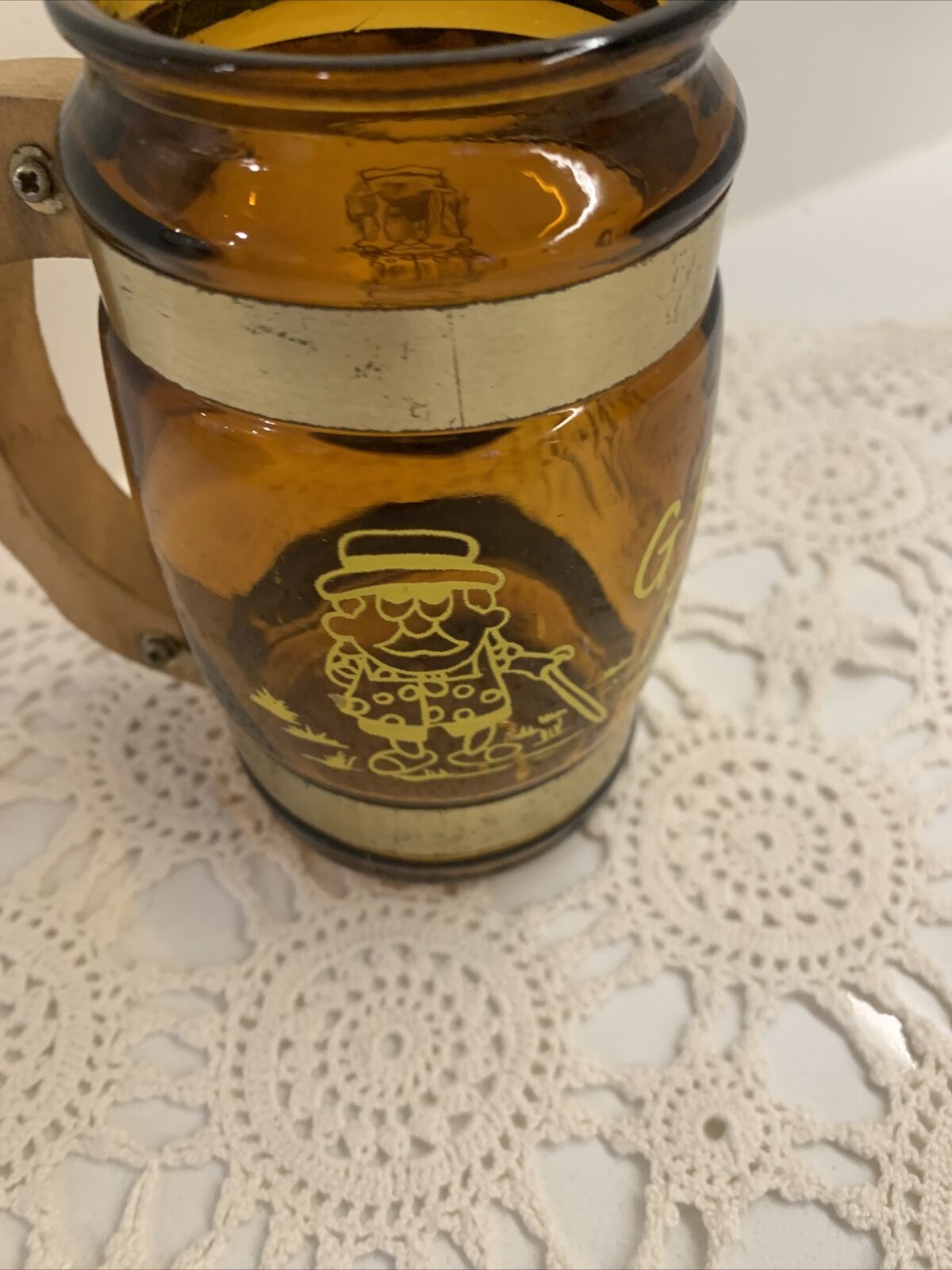 Mug 1 x Vtg  GRAND FATHER AMBER GLASS SOUVENIR STEIN Wood Handle Taiwan 1970’s
