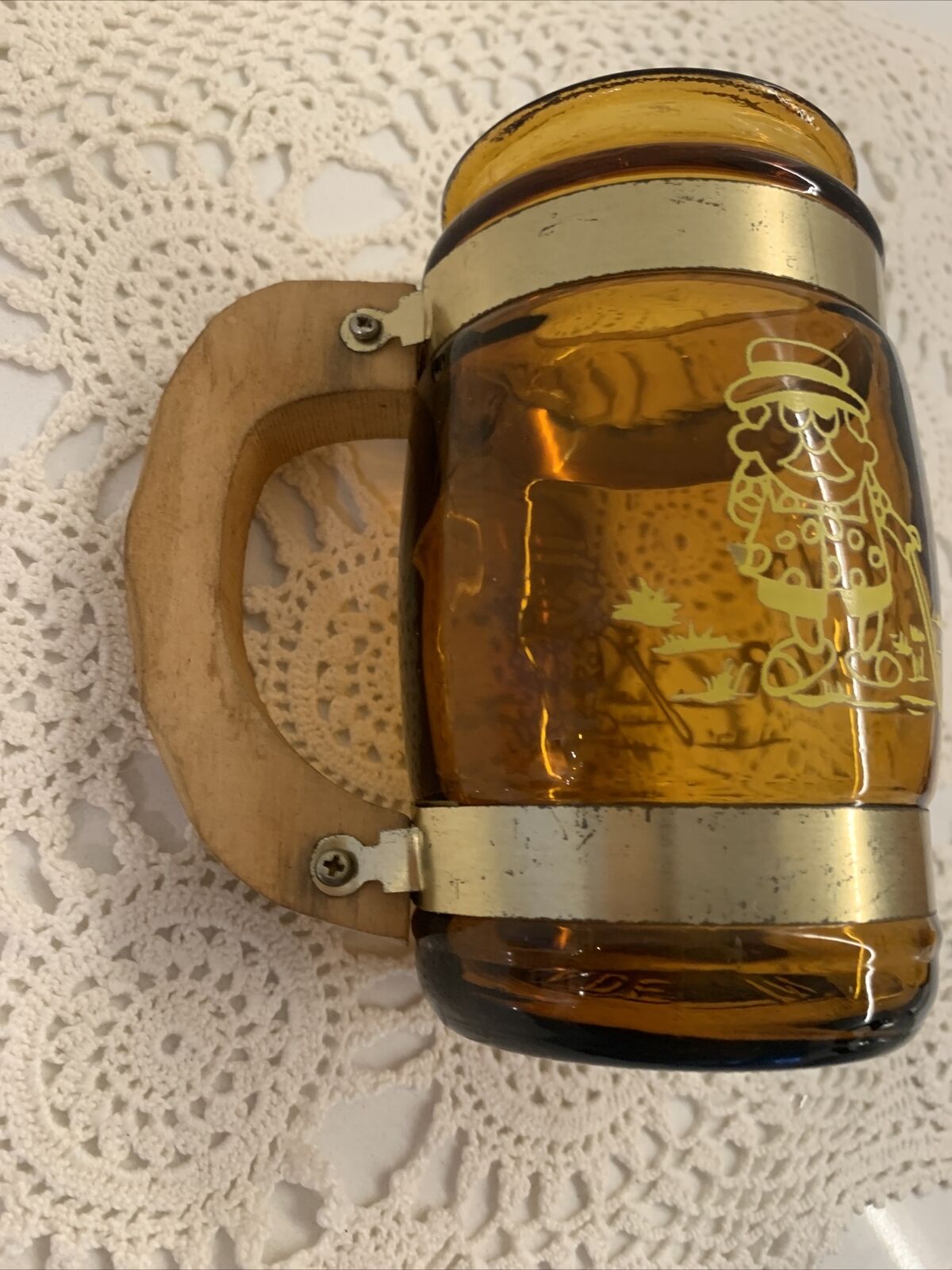 Mug 1 x Vtg  GRAND FATHER AMBER GLASS SOUVENIR STEIN Wood Handle Taiwan 1970’s