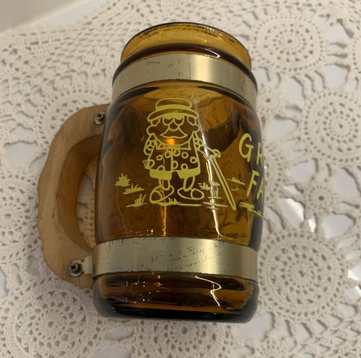 Mug 1 x Vtg  GRAND FATHER AMBER GLASS SOUVENIR STEIN Wood Handle Taiwan 1970’s