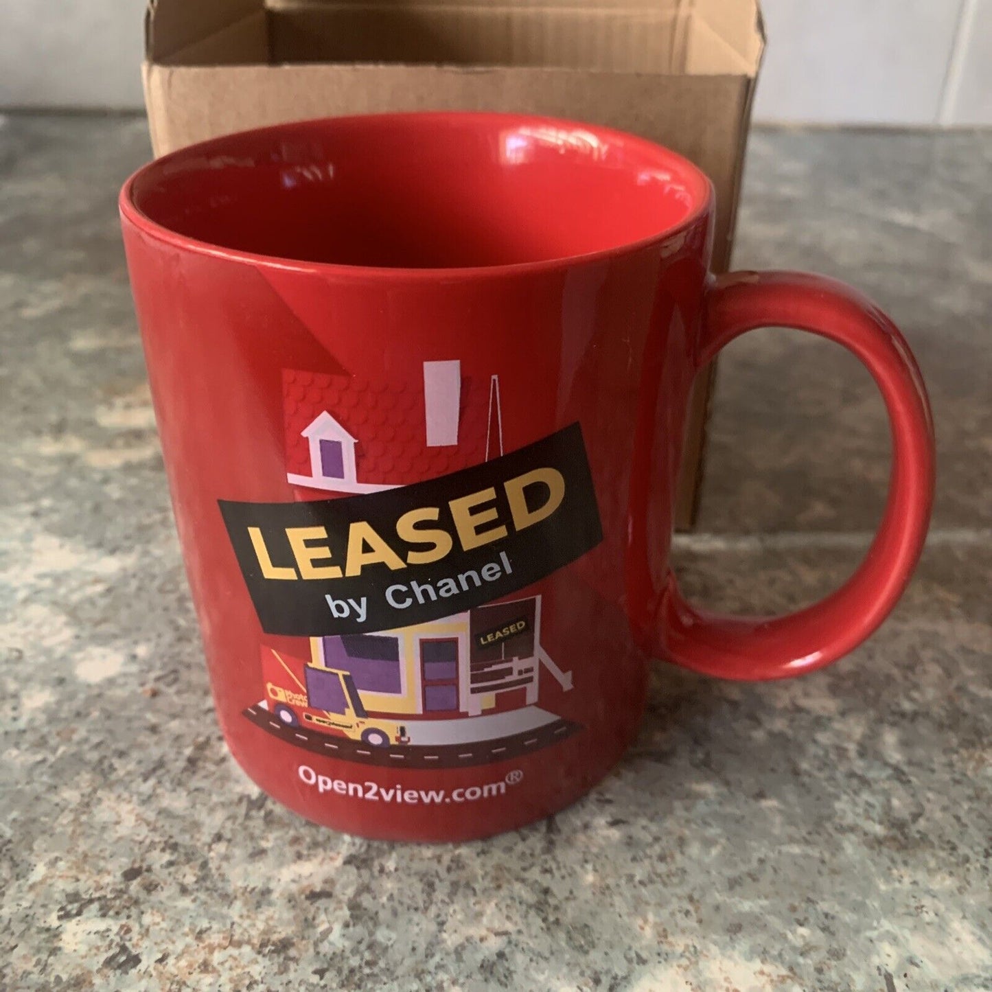 Coffee Mug Open2View.com LEASED Red Guaran Tea Cup Real Estate Agent Gift NEW