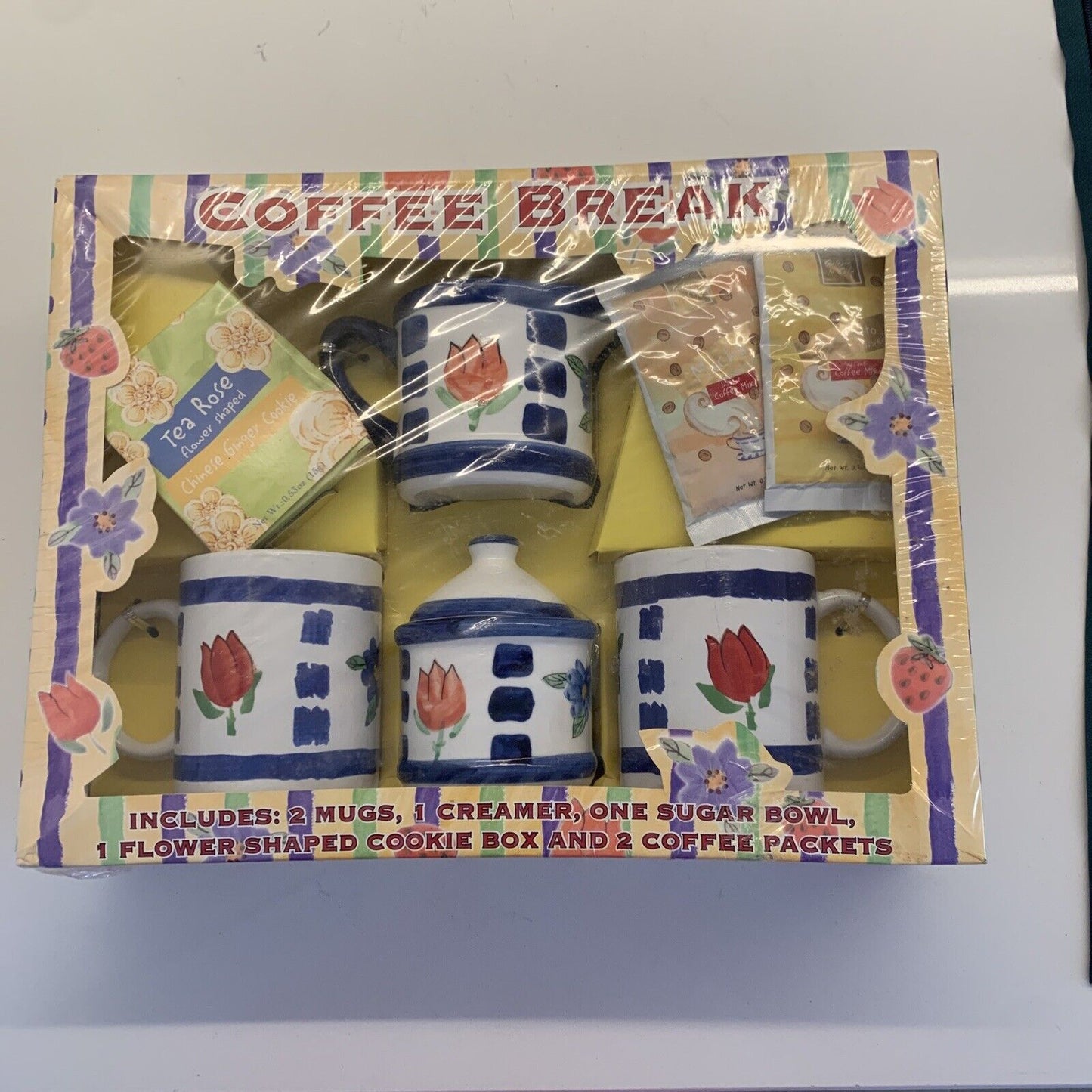 COFFEE Break Set w 2 Mugs Creamer Sugar Bowl Cookie Box Set Sealed 1999 NEW