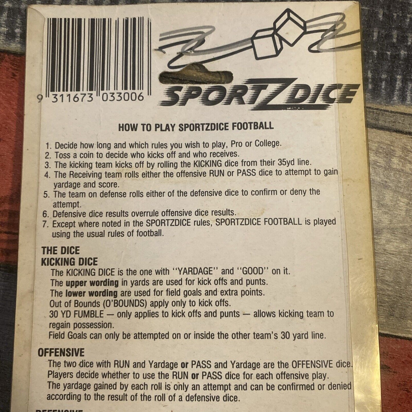 SPORTZDICE Football 5 Dice Set Game by Tevele 1986 Vintage Sealed NEW