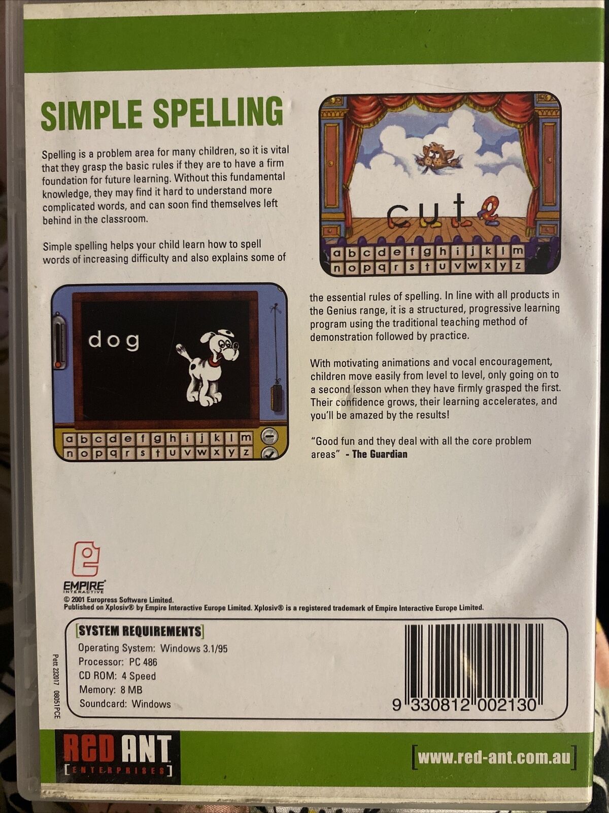 PC CD Rom RED ANT Simple SPELLING 4 6yrs BIG BYTES Education Windows 3.1/95 2001