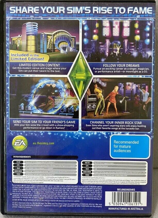 PC DVD ROM THE SIMS 3 Showtime Expansion Pack DVD MAC Like New