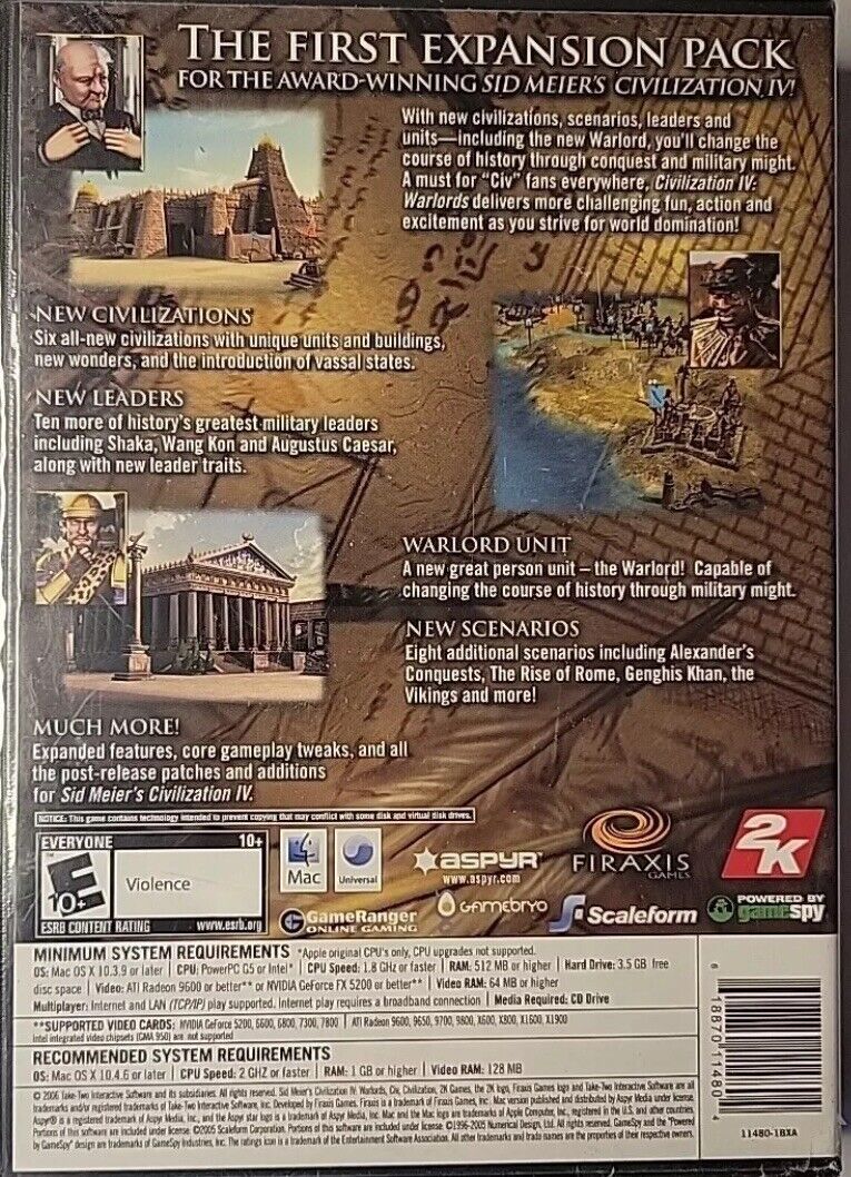 Mac CD Sid Meier's Civilization IV Warlords Expansion Pack Fat Case Firaxis
