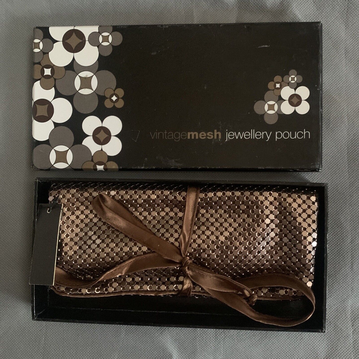 Vintage Mesh Jewellery Pouch By Annabel Trends Bronze Gold Brown Ribbon Box NEW