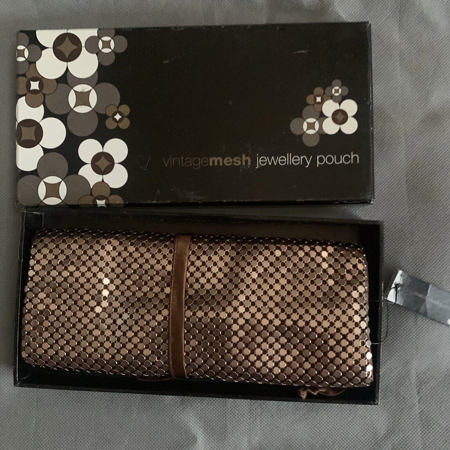 Vintage Mesh Jewellery Pouch By Annabel Trends Bronze Gold Brown Ribbon Box NEW