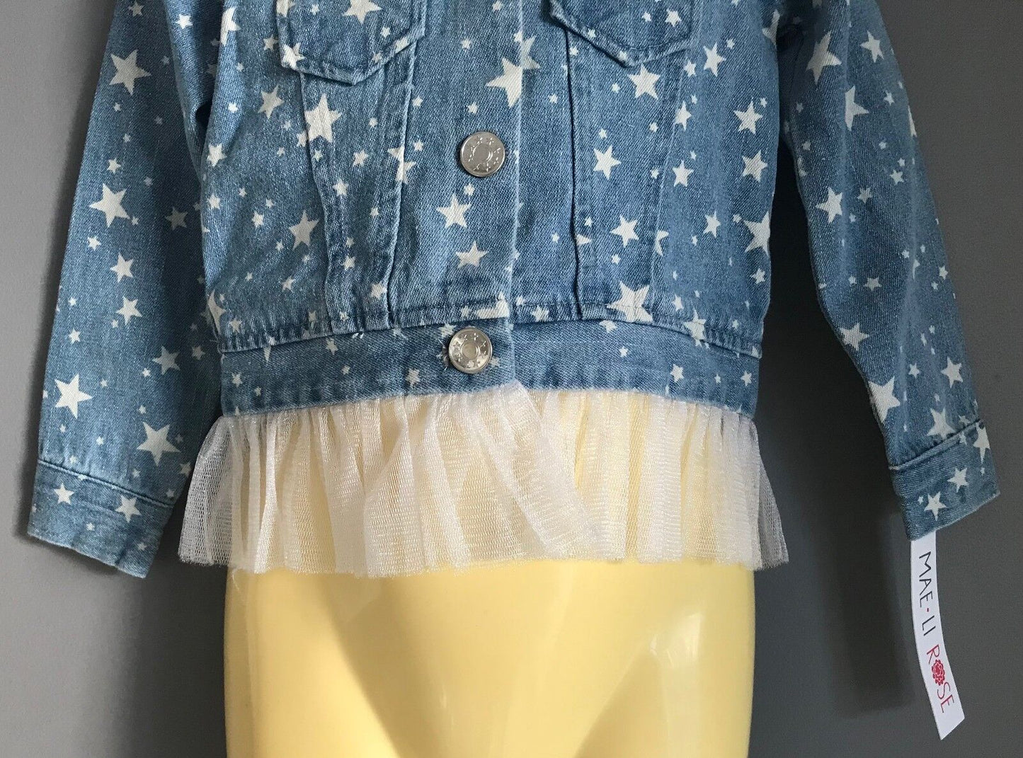 Girls Size 2 MAELI ROSE Denim Jacket w White Star Print & Mesh Net Trim Hem NEW