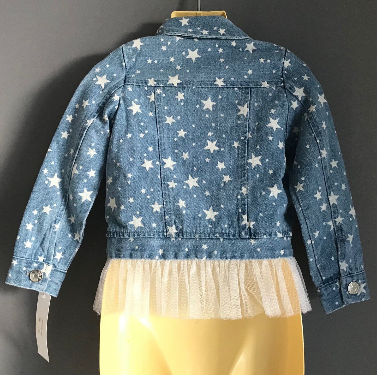 Girls Size 2 MAELI ROSE Denim Jacket w White Star Print & Mesh Net Trim Hem NEW