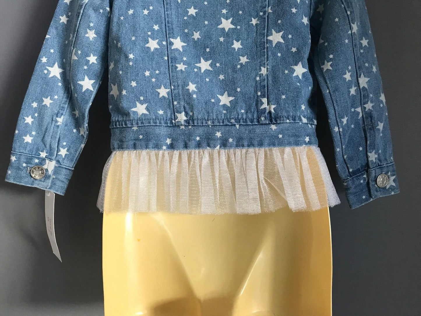 Girls Size 2 MAELI ROSE Denim Jacket w White Star Print & Mesh Net Trim Hem NEW