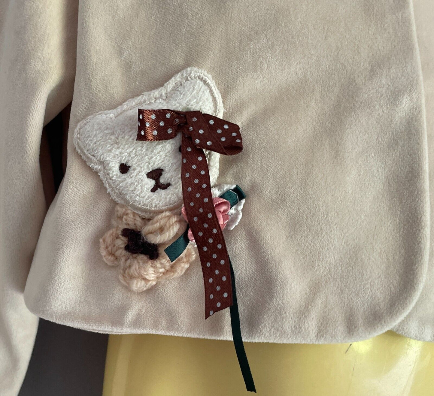 Girls Velour Jacket Collar Teddy Bear Bow Heart Appliques Beige Long Sleeves 5 6