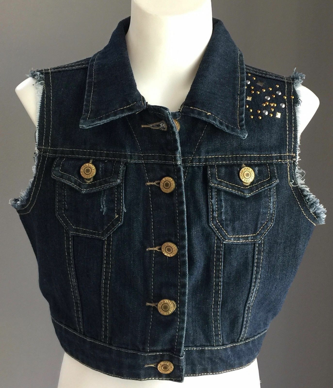 Tween Girl Size 12 PINK SUGAR Denim Jacket Crop Sleeveless Blue w Stud Trim NEW