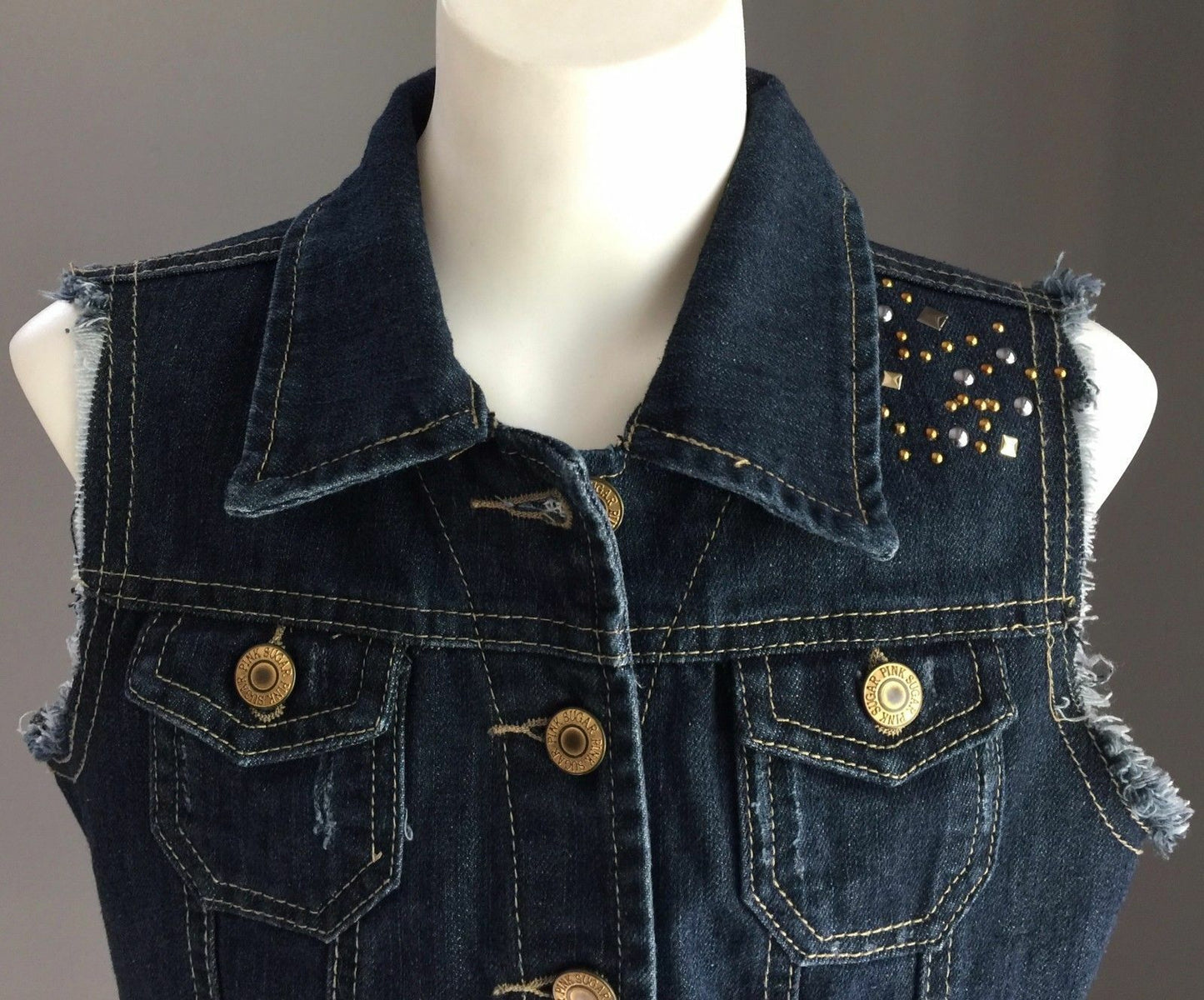 Tween Girl Size 12 PINK SUGAR Denim Jacket Crop Sleeveless Blue w Stud Trim NEW