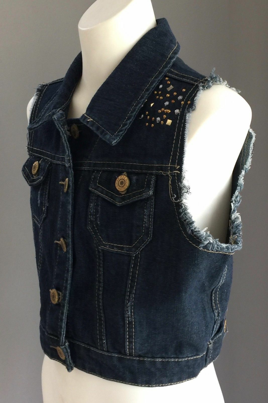 Tween Girl Size 12 PINK SUGAR Denim Jacket Crop Sleeveless Blue w Stud Trim NEW