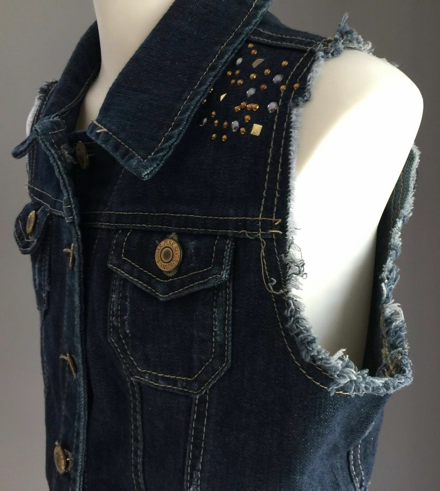 Tween Girl Size 12 PINK SUGAR Denim Jacket Crop Sleeveless Blue w Stud Trim NEW