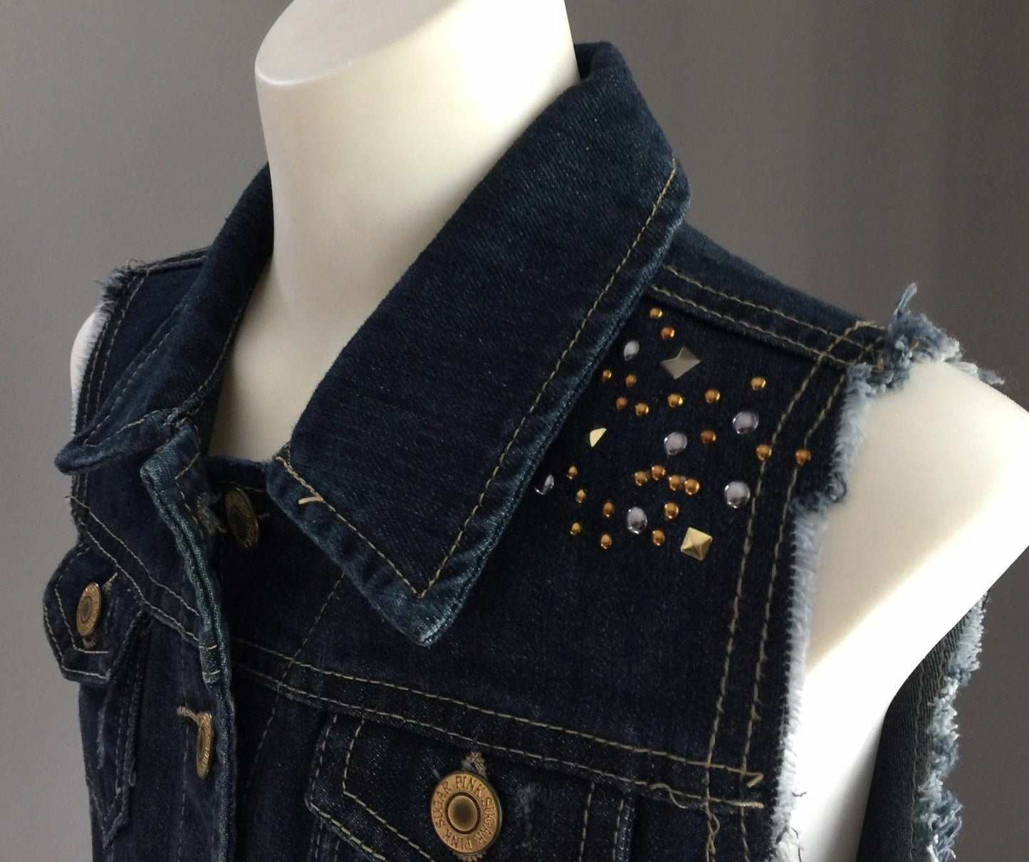 Tween Girl Size 12 PINK SUGAR Denim Jacket Crop Sleeveless Blue w Stud Trim NEW