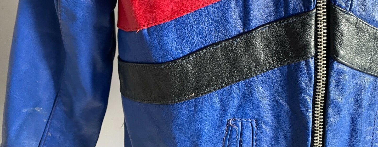 Boys CLAUDE Cobalt Blue Pleather  w Red & Black Stripe Moto Style Jacket Size 4