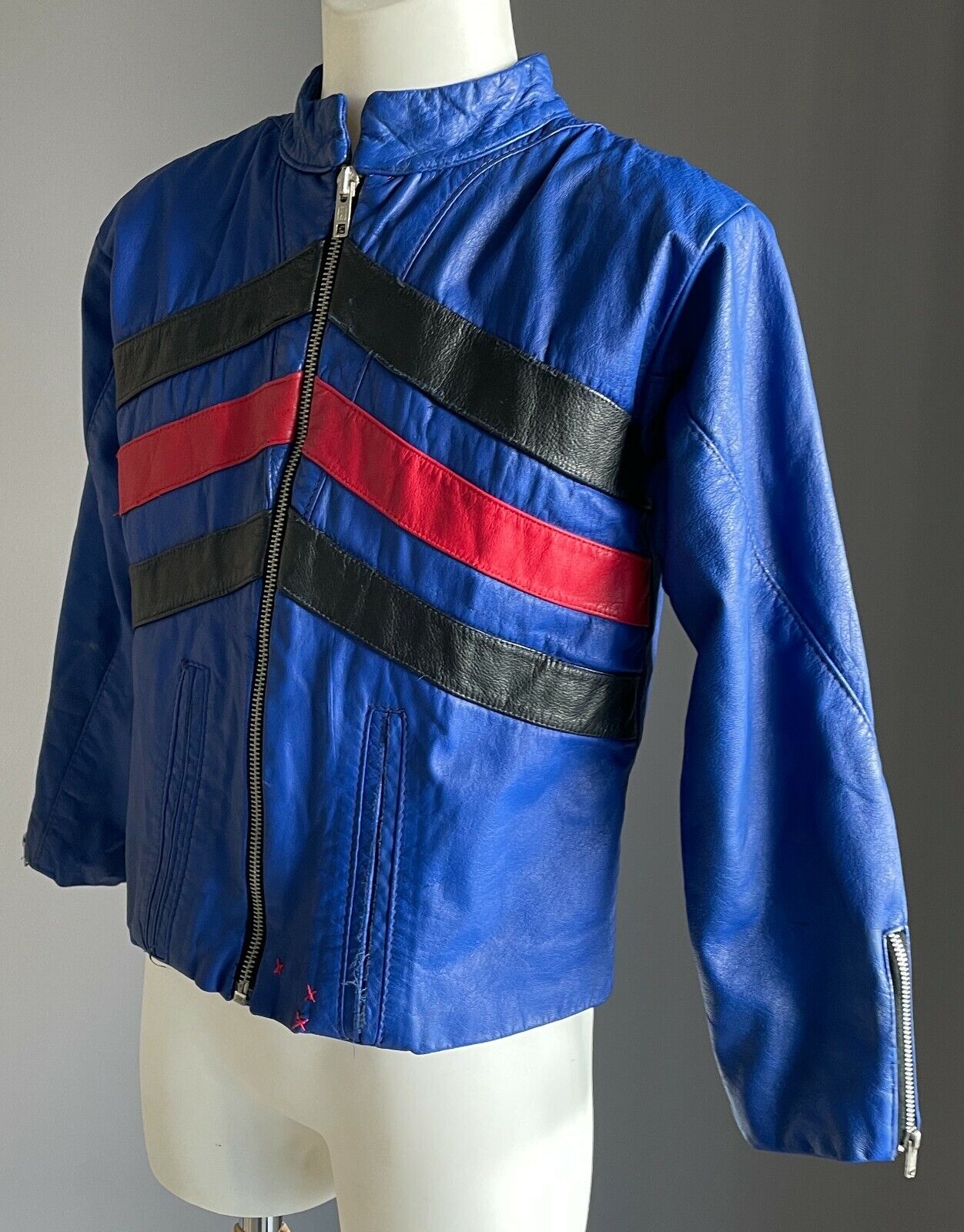 Boys CLAUDE Cobalt Blue Pleather  w Red & Black Stripe Moto Style Jacket Size 4