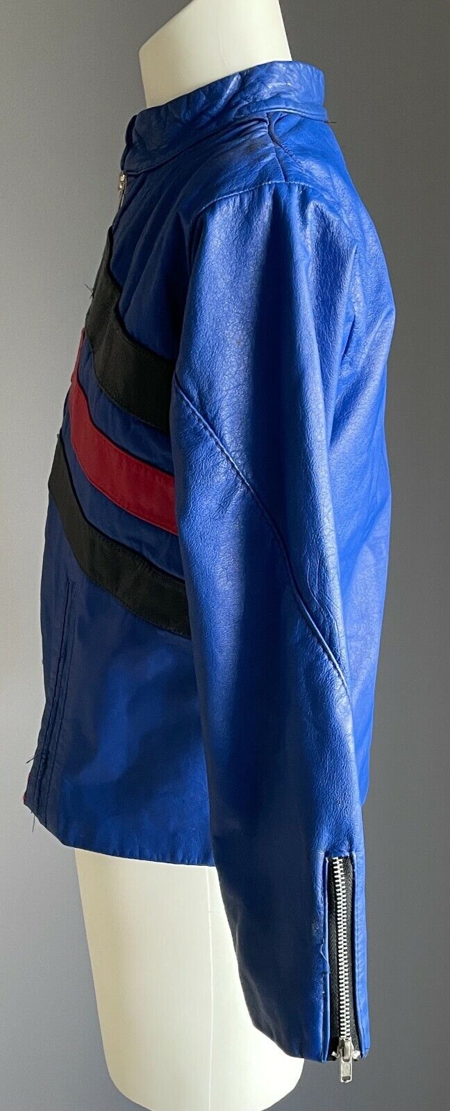 Boys CLAUDE Cobalt Blue Pleather  w Red & Black Stripe Moto Style Jacket Size 4