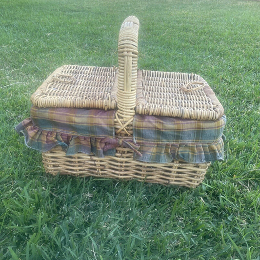 Vintage Picnic Basket 50cm Bamboo Cane French  Check Liner Display Storage V003