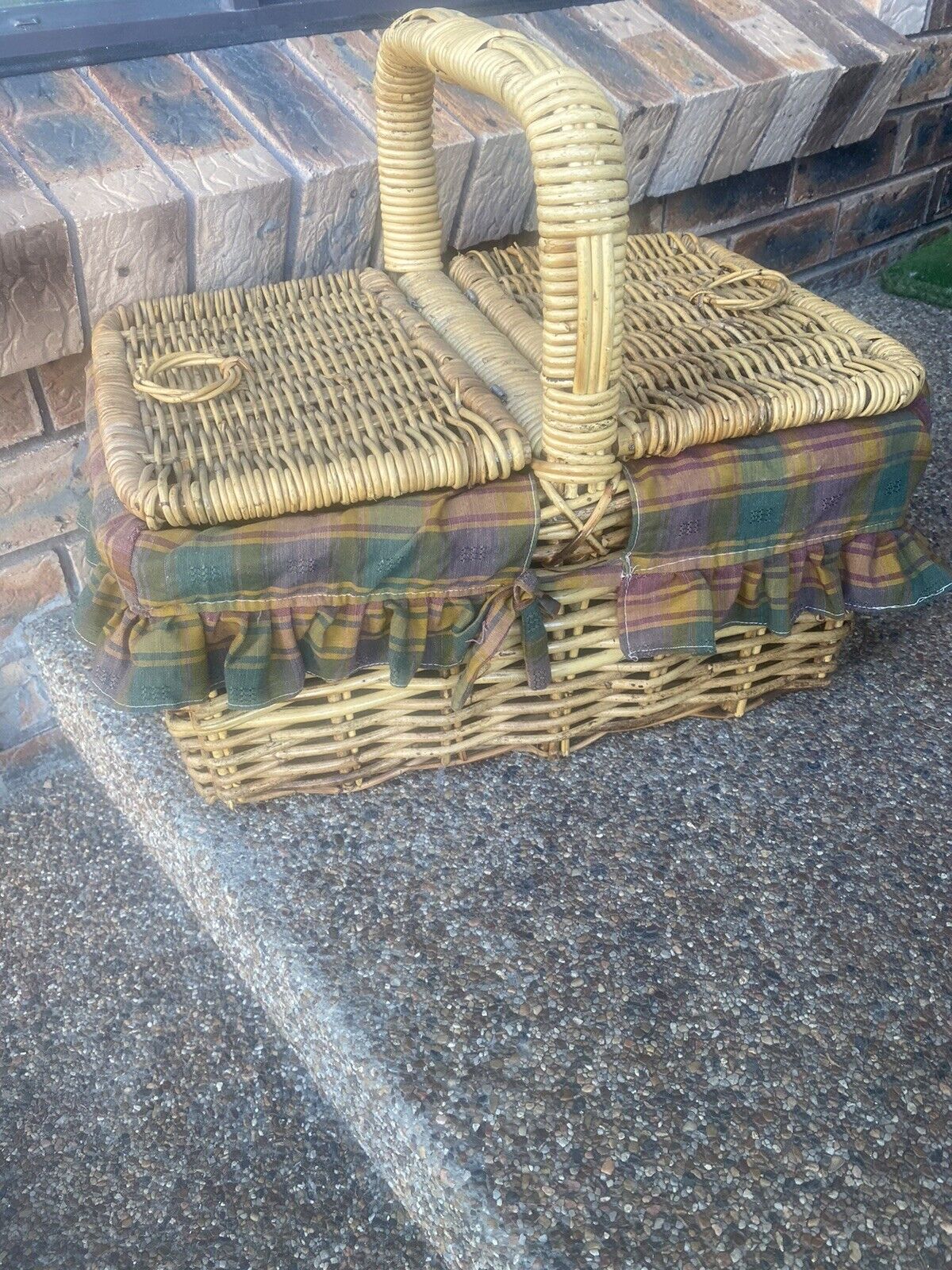 Vintage Picnic Basket 50cm Bamboo Cane French  Check Liner Display Storage V003