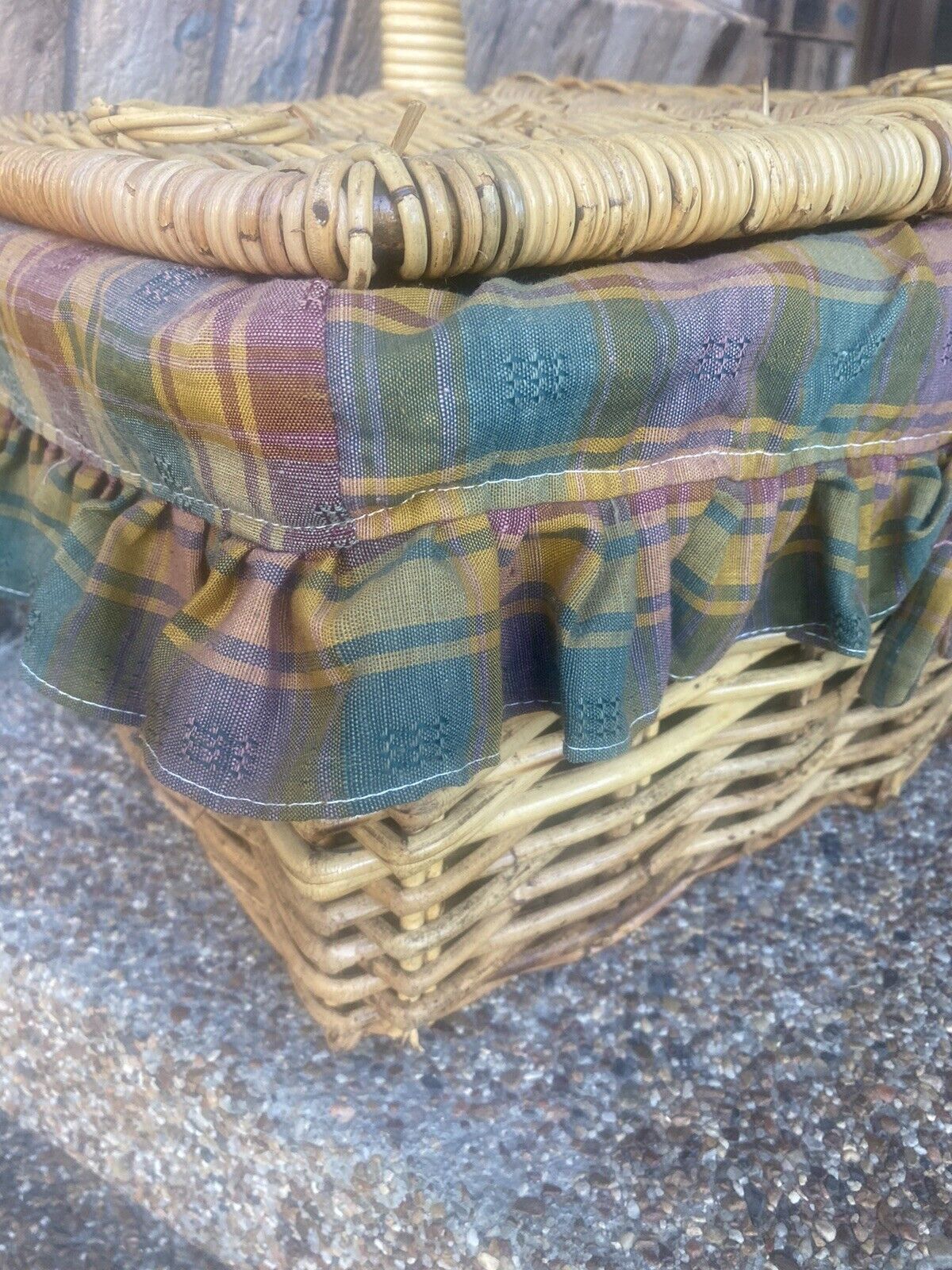 Vintage Picnic Basket 50cm Bamboo Cane French  Check Liner Display Storage V003