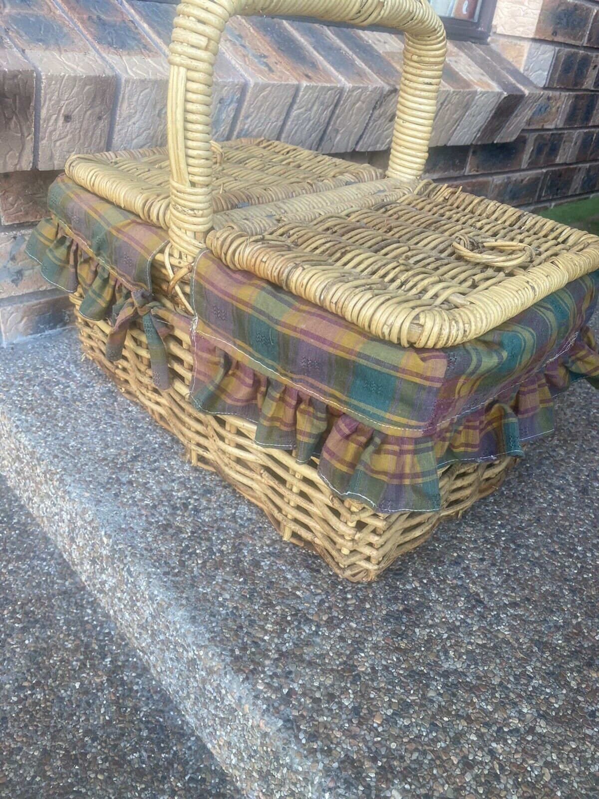 Vintage Picnic Basket 50cm Bamboo Cane French  Check Liner Display Storage V003