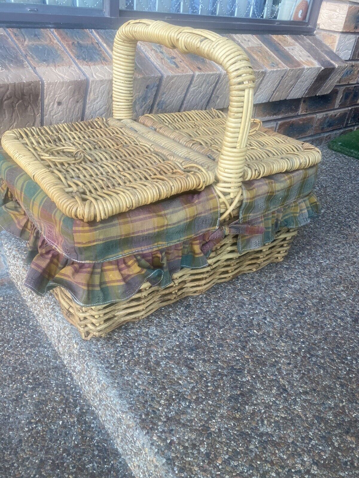 Vintage Picnic Basket 50cm Bamboo Cane French  Check Liner Display Storage V003