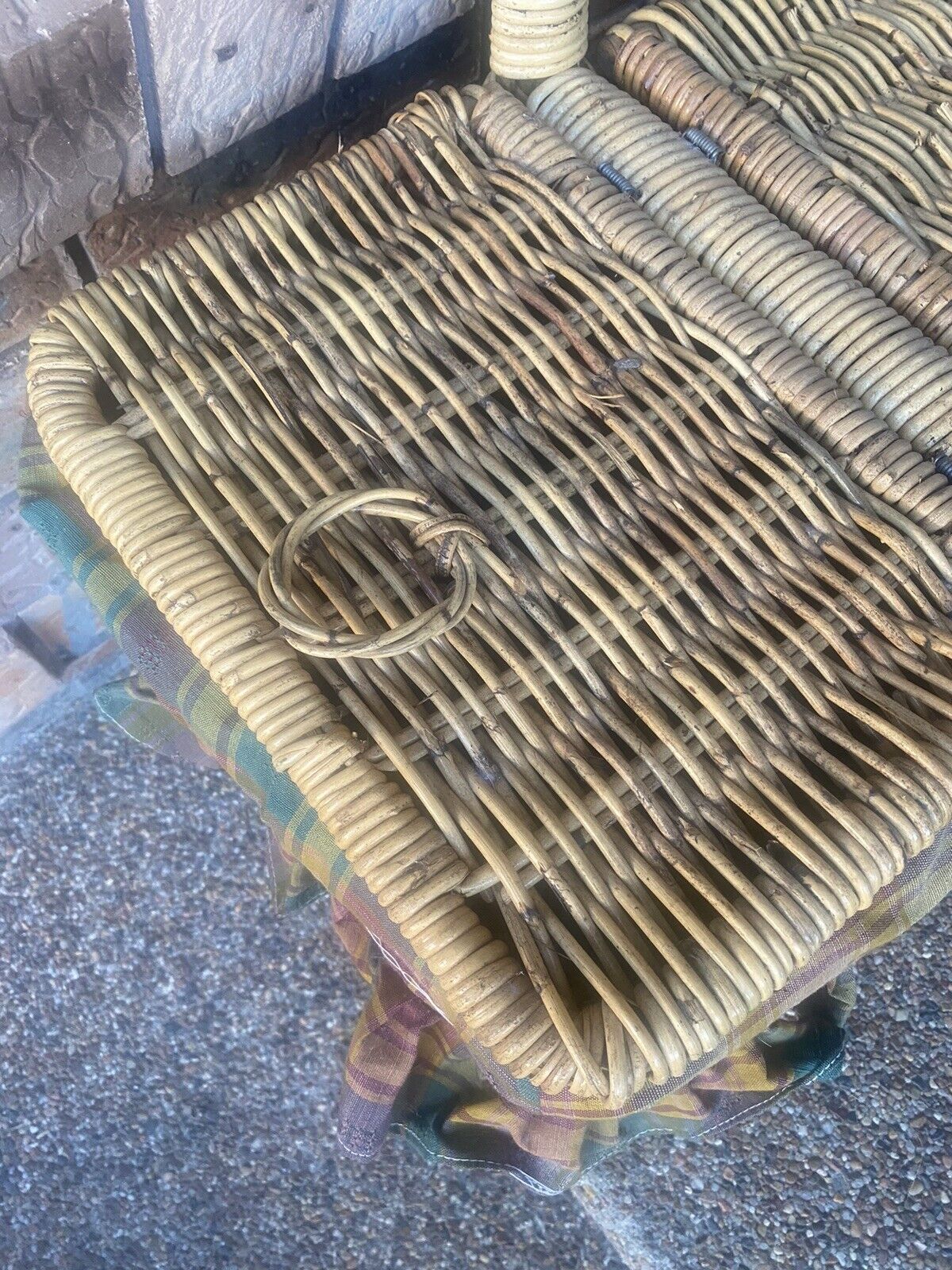Vintage Picnic Basket 50cm Bamboo Cane French  Check Liner Display Storage V003