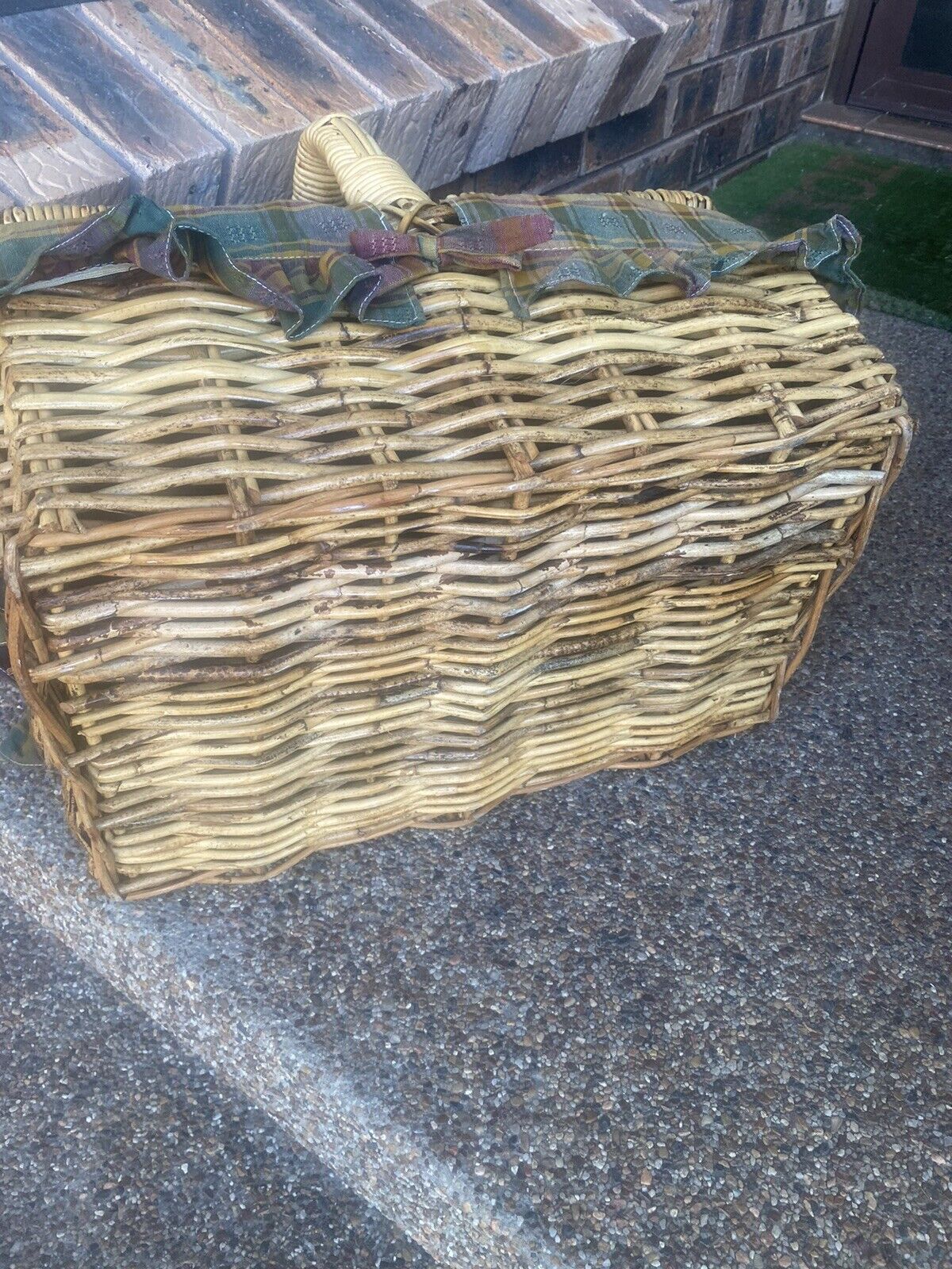 Vintage Picnic Basket 50cm Bamboo Cane French  Check Liner Display Storage V003