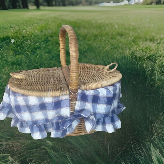 Vintage Picnic Basket 49cm Bamboo Cane French Check Liner Display Storage V004