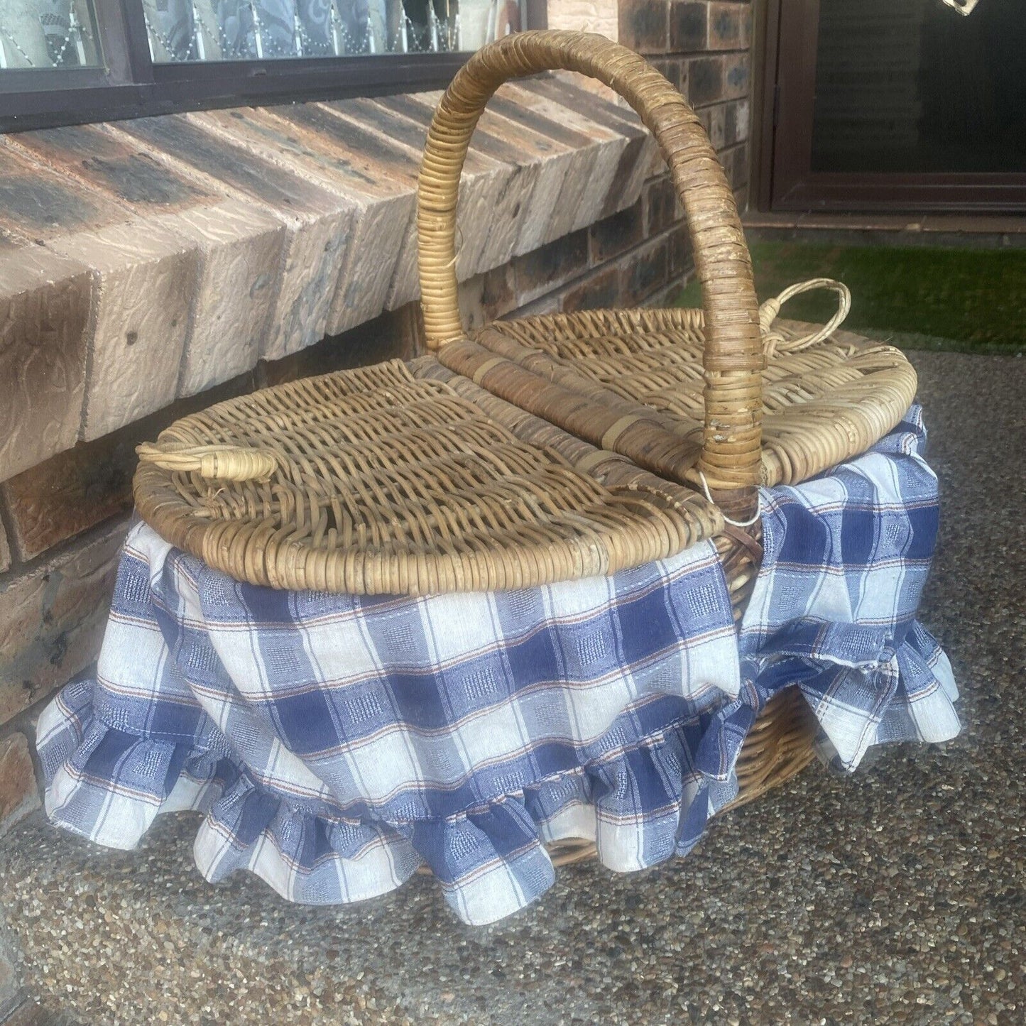 Vintage Picnic Basket 49cm Bamboo Cane French Check Liner Display Storage V004