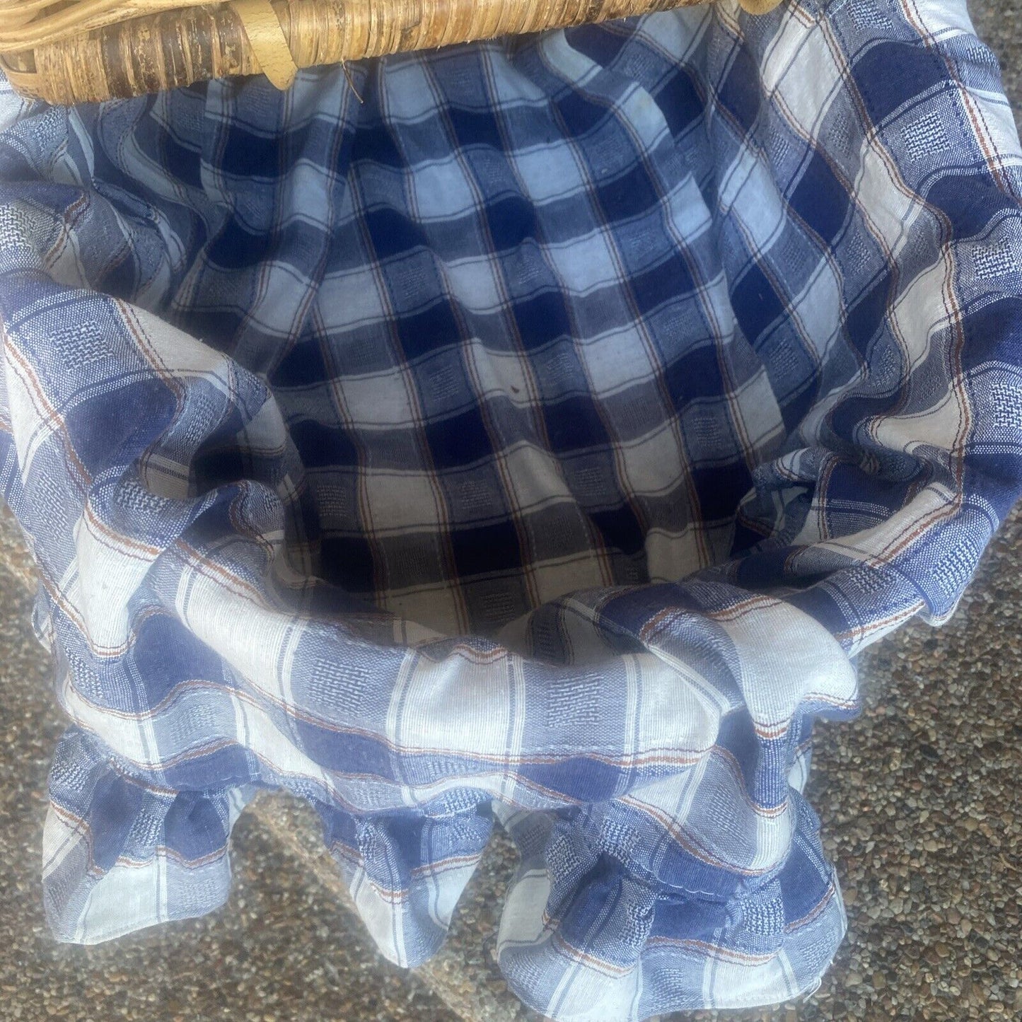 Vintage Picnic Basket 49cm Bamboo Cane French Check Liner Display Storage V004