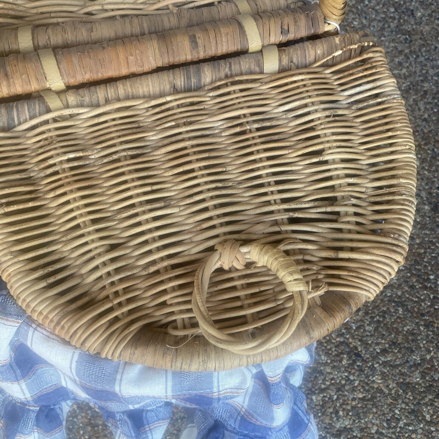 Vintage Picnic Basket 49cm Bamboo Cane French Check Liner Display Storage V004