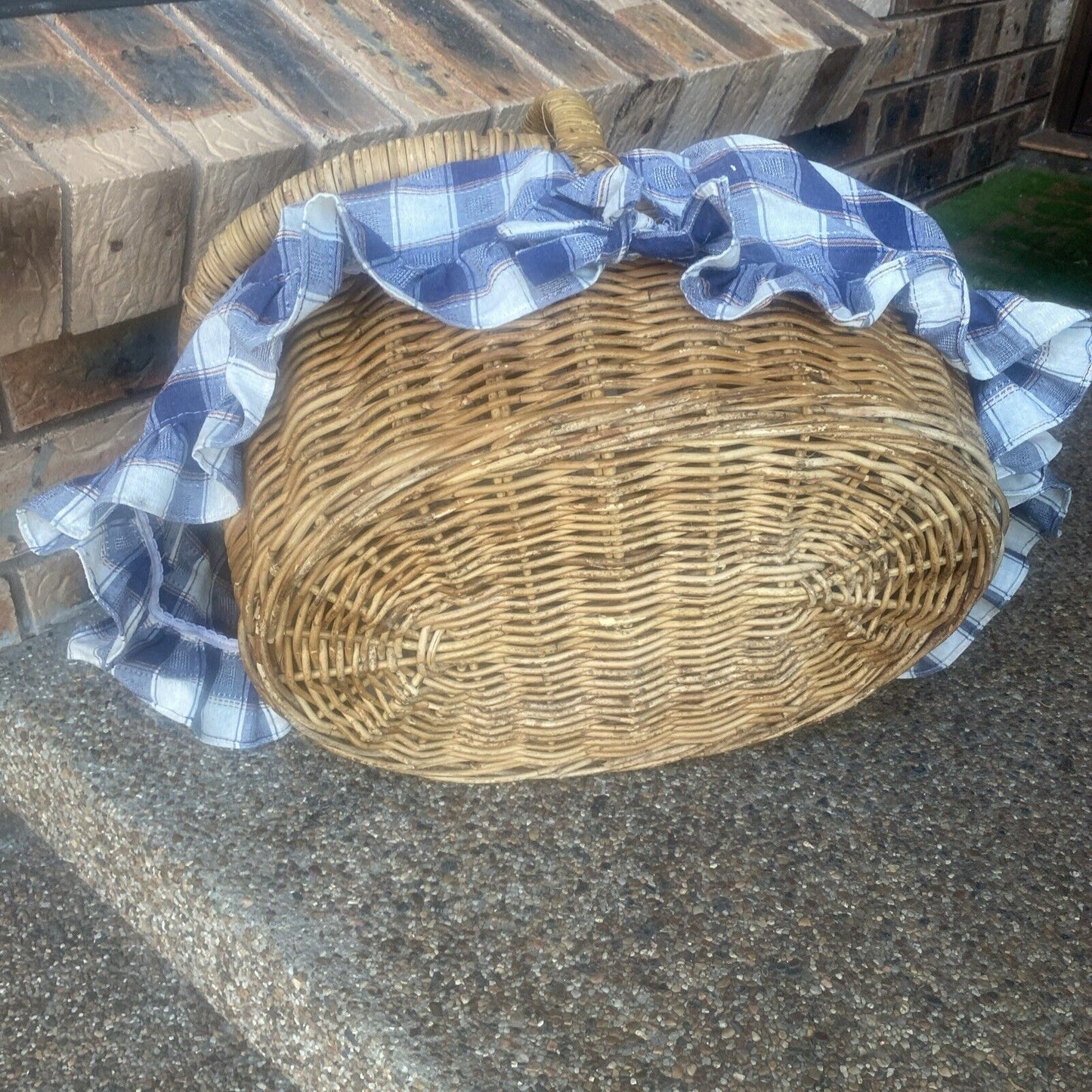 Vintage Picnic Basket 49cm Bamboo Cane French Check Liner Display Storage V004