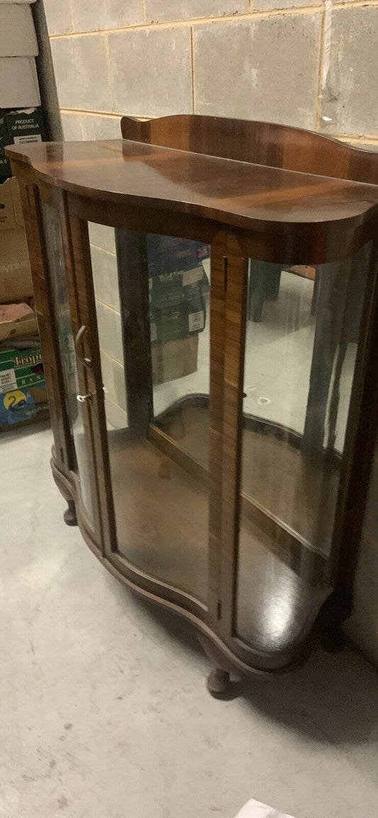 Vtg CHINA CABINET Queen Anne Bow Curve 2X Glass Shelf Timber Veneer NO KEY Open