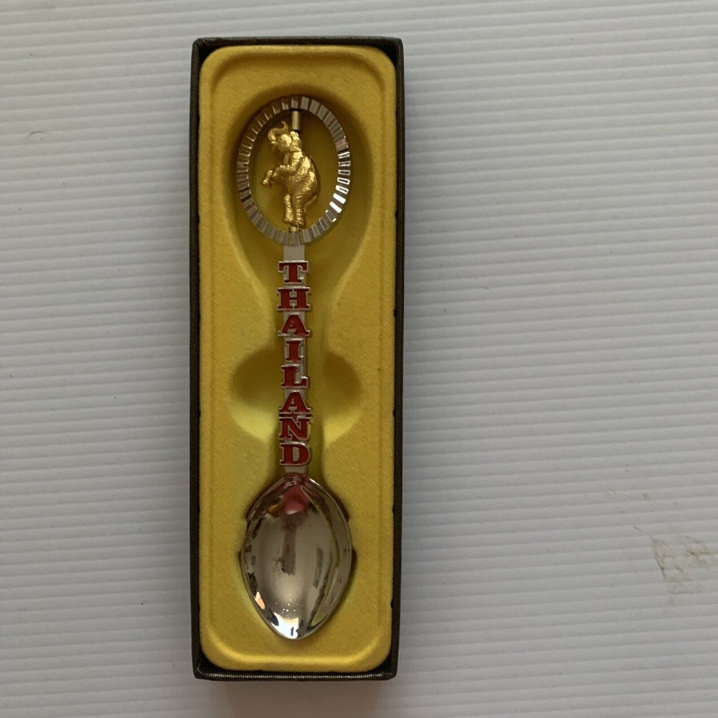 THAILAND Silver Gold Tone Elephant Travel Souvenir Tea Spoon Teaspoon Box NEW