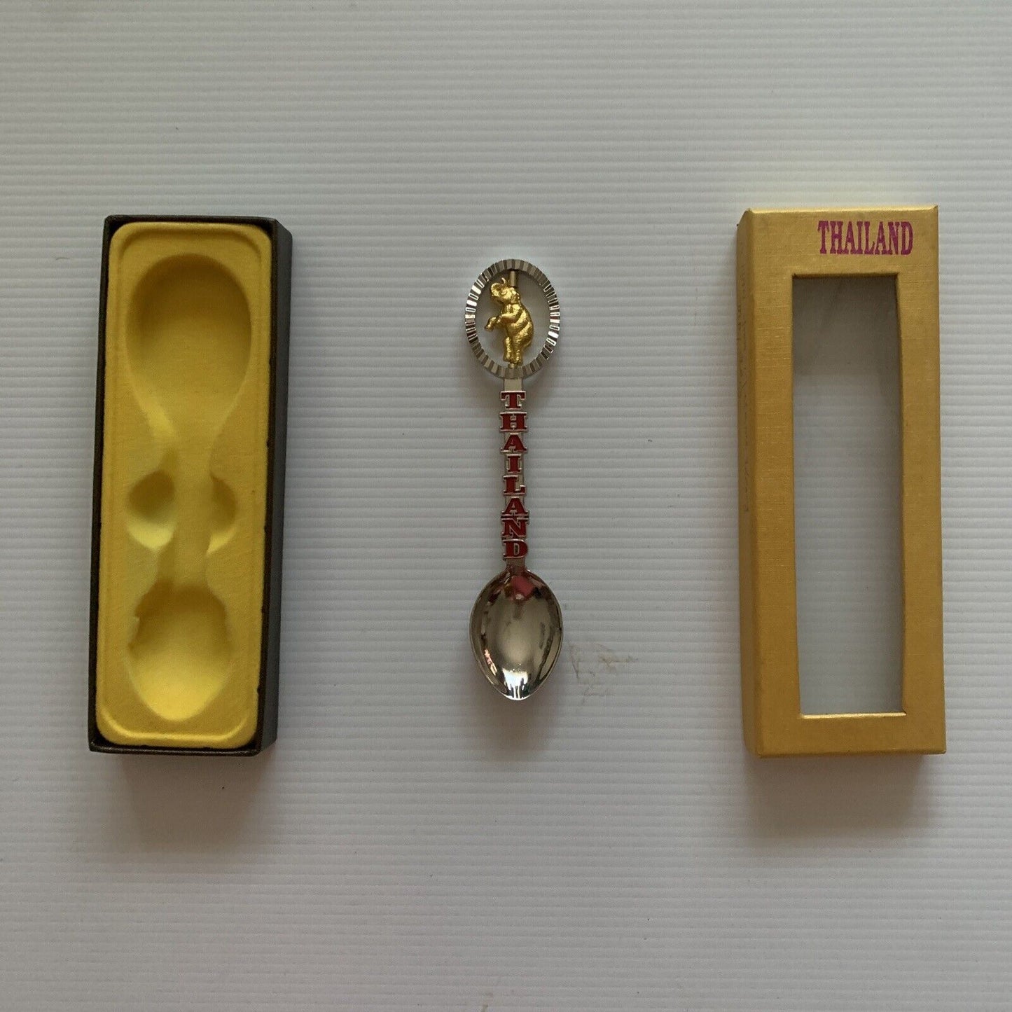 THAILAND Silver Gold Tone Elephant Travel Souvenir Tea Spoon Teaspoon Box NEW