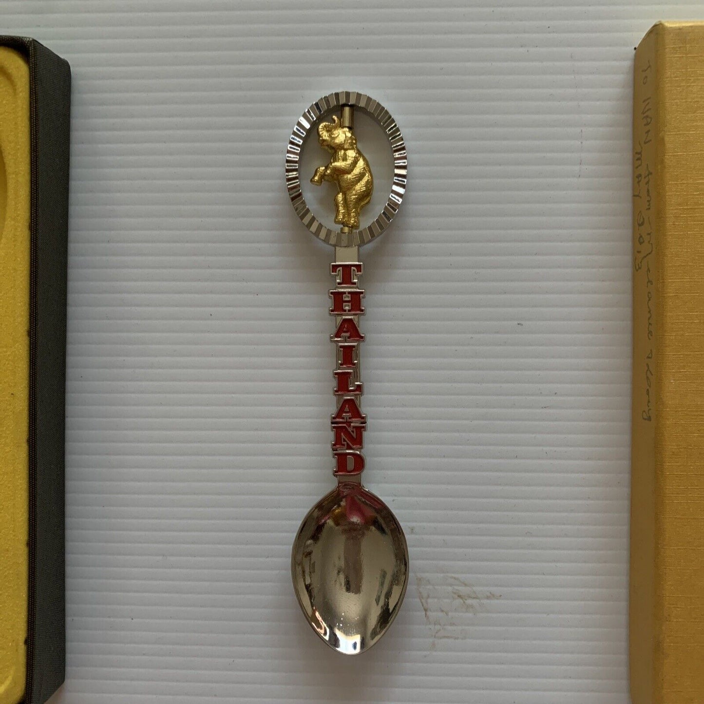 THAILAND Silver Gold Tone Elephant Travel Souvenir Tea Spoon Teaspoon Box NEW