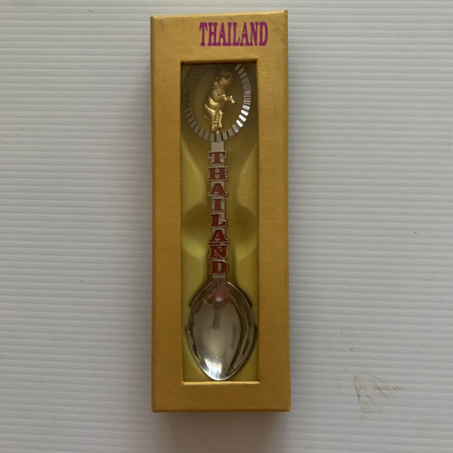 THAILAND Silver Gold Tone Elephant Travel Souvenir Tea Spoon Teaspoon Box NEW