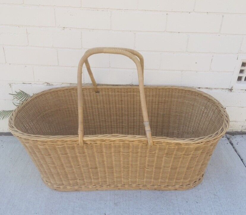 1970's Natural Wicker MOSES BABY BASKET  Carry Handles Bamboo Cane Rattan